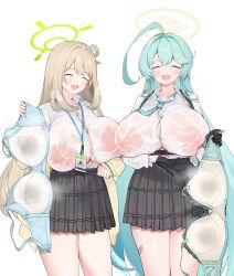 Rule 34 | 2girls, ^ ^, absurdres, ahoge, aqua hair, black gloves, black skirt, blue archive, blue necktie, bra, breasts, bursting breasts, chest harness, closed eyes, covered erect nipples, djheycha, gloves, green halo, halo, harness, highres, holding, holding bra, holding clothes, holding underwear, huge ahoge, huge breasts, id card, lanyard, large areolae, light brown hair, long hair, long sleeves, multiple girls, necktie, nipples, nonomi (blue archive), plaid, plaid skirt, pleated skirt, presenting bra, removing bra under shirt, school uniform, see-through, shirt, shirt tucked in, simple background, skirt, sweaty clothes, underwear, very long hair, white background, white shirt, yellow halo, yume (blue archive)