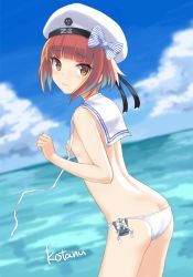 Rule 34 | 10s, 1girl, 3:, arm at side, artist name, ass, bad id, bad pixiv id, bikini, black ribbon, blurry, breasts, brown eyes, brown hair, butt crack, cloud, cloudy sky, cowboy shot, day, depth of field, embarrassed, from side, gale kawaii, hand on own chest, hat, kantai collection, lips, looking at viewer, ocean, outdoors, ribbon, sailor bikini, sailor collar, sailor hat, short hair, signature, sky, small breasts, solo, swimsuit, thighs, untied bikini, white bikini, white hat, z3 max schultz (kancolle)
