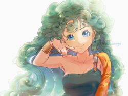 Rule 34 | 1girl, alternate hair length, alternate hairstyle, blue eyes, bracelet, breasts, closed mouth, collarbone, commentary request, curly hair, detached sleeves, dragon quest, dragon quest iv, dress, earrings, green dress, green hair, hand on own face, hand up, heroine (dq4), highres, jewelry, kikumesango, light blush, long hair, looking at viewer, medium breasts, orange sleeves, simple background, single bare shoulder, single detached sleeve, single strap, smile, solo, twitter username, upper body, very long hair