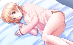 Rule 34 | 1girl, ass, bad id, bad pixiv id, bed, bed sheet, blonde hair, blush, bottomless, breasts, brown eyes, collarbone, dutch angle, long sleeves, looking at viewer, looking to the side, lying, medium breasts, naked shirt, off shoulder, on side, open clothes, open shirt, orange hair, original, parted lips, pink hitsuji, pink shirt, shiny skin, shirt, short hair, sleeves past wrists, solo, thighs