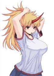Rule 34 | 1girl, adjusting hair, arms behind head, arms up, blonde hair, blue skirt, breasts, hair tie in mouth, highres, horns, hoshiguma yuugi, large breasts, long hair, moonii desu, mouth hold, oni, pointy ears, ponytail, red eyes, simple background, single horn, skirt, solo, touhou, tying hair, white background