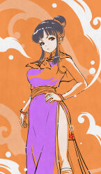 Rule 34 | 1girl, black hair, bracelet, breasts, capelet, chi-chi (dragon ball), china dress, chinese clothes, dragon ball, dragon ball (classic), dress, hair bun, hand on own hip, highres, jewelry, kanchiyo, large breasts, limited palette, long dress, purple dress, purple eyes, sash, short hair, side slit, single hair bun, solo, updo