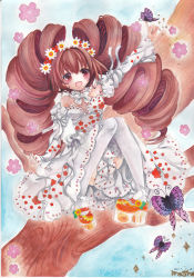Rule 34 | 1girl, bad id, bad pixiv id, bare shoulders, blush, brown hair, bug, butterfly, butterfly on hand, curly hair, dated, dress, drill hair, flower, head wreath, in tree, bug, long hair, mosho, open mouth, original, painting (medium), platform, platform footwear, platform heels, pointing, red eyes, shoes, signature, sitting, sitting in tree, smile, solo, thighhighs, traditional media, tree, very long hair, watercolor (medium), white dress