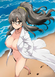 Rule 34 | 1girl, absurdres, beach, blush, breasts, brown eyes, brown hair, closed mouth, coat, collarbone, day, exhibitionism, footprints, from above, futaba rio, glasses, hair between eyes, hands in pockets, high ponytail, highres, lab coat, large breasts, long hair, looking at viewer, maximilian-destroyer, naked coat, navel, night, nipple slip, nipples, ocean, ponytail, public indecency, sand, scrunchie, seishun buta yarou, shore, solo, water, waves, yellow scrunchie