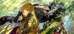 Rule 34 | 1girl, arm blade, artist request, black gloves, black shirt, blonde hair, blue eyes, blunt bangs, cape, closed mouth, code geass, code geass: lost stories, dappled sunlight, day, falling petals, female focus, florence (code geass), forest, from side, game cg, gloves, green cape, green theme, hair ribbon, hand up, high collar, highres, jacket, light rays, long hair, long sleeves, looking at viewer, mecha, military uniform, monica kruszewski, nature, non-web source, official art, outdoors, petals, pink eyes, red ribbon, ribbon, robot, shirt, sidelocks, solo, standing, sunlight, tree, two-sided cape, two-sided fabric, uniform, upper body, v-shaped eyebrows, weapon, white jacket