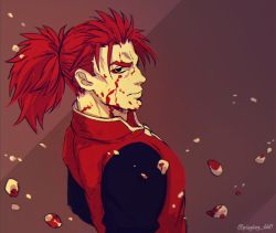 Rule 34 | 1boy, black eyes, blood, blood on face, blood splatter, chinese clothes, cropped torso, fate/extra, fate/grand order, fate (series), li shuwen (fate), li shuwen (young) (fate), long hair, long sleeves, looking at viewer, looking back, male focus, ponytail, red hair, solo, yamanome