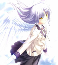 Rule 34 | 1girl, absurdres, angel beats!, angel wings, black skirt, blazer, collared shirt, cowboy shot, dress shirt, feathered wings, floating hair, highres, jacket, long hair, long sleeves, miniskirt, na-ga, neck ribbon, parted lips, pleated skirt, ribbon, shirt, silver hair, simple background, skirt, solo, standing, tenshi (angel beats!), very long hair, white background, white jacket, white ribbon, white shirt, white wings, wing collar, wings, yellow eyes