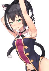Rule 34 | 1girl, absurdres, animal ear fluff, animal ears, armpits, black hair, black panties, black ribbon, blush, breasts, cat ears, cat girl, cat tail, commentary request, cowboy shot, dutch angle, green eyes, highres, jitome, karyl (princess connect!), looking at viewer, medium breasts, multicolored clothes, multicolored hair, navel, neck ribbon, open mouth, panties, ponytail, princess connect!, ribbon, short hair, simple background, sleeveless, solo, streaked hair, tail, underwear, white background, white hair, yamato (muchuu paradigm)