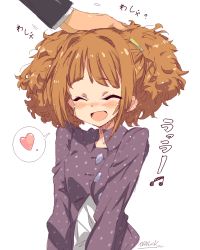 Rule 34 | 1boy, 1girl, :d, ^ ^, artist name, beamed eighth notes, blush, closed eyes, collared jacket, curly hair, happy, heart, idolmaster, idolmaster (classic), jacket, kugimiya atsuki, long hair, long sleeves, motion lines, musical note, nose blush, open mouth, partially unbuttoned, polka dot, polka dot jacket, purple jacket, smile, solo focus, spoken heart, takatsuki yayoi, translation request, twintails, upper body, wing collar