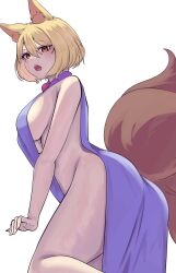 Rule 34 | 1girl, animal ears, blonde hair, blue tabard, breasts, commentary request, fox ears, fox tail, from below, highres, legs, medium breasts, mirufui, multiple tails, naked tabard, no headwear, open mouth, orange eyes, short hair, sideboob, simple background, solo, tabard, tail, teeth, touhou, upper teeth only, white background, yakumo ran, yellow eyes