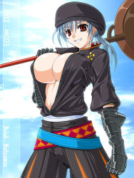 Rule 34 | 1girl, blue hair, breasts, cleavage, fantasy earth zero, gauntlets, hat, hiviki n&#039;alchemy, huge breasts, open clothes, open shirt, red eyes, shirt, smile, solo