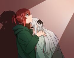 Rule 34 | 1boy, 1girl, absurdres, black hands, brown sweater, coat, delfuze, different shadow, eye socket, green coat, green eyes, grey hair, hatori chise, highres, hug, joseph cartaphilus, long hair, looking up, mahou tsukai no yome, parted lips, ponytail, profile, red hair, short hair, sweater, when you see it