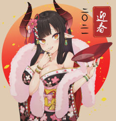 Rule 34 | 1girl, :p, absurdres, black hair, blunt bangs, breasts, chinese zodiac, cow horns, highres, hime cut, horns, huge filesize, japanese clothes, kimono, lankuchashuangjielong, large breasts, lips, off shoulder, orange eyes, original, solo, tongue, tongue out, year of the ox