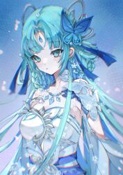 Rule 34 | 1girl, arm cutout, asymmetrical dress, blue eyes, blue hair, blurry, braided hair rings, closed mouth, douluo dalu, dress, earrings, hair ornament, highres, jewelry, long hair, long sleeves, necklace, solo, tang wutong (douluo dalu), upper body, white dress, yao laoban
