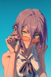 1girl black_ribbon blue_background chainsaw_man gradient_background green_eyes hair_bun highres kozzz_y light_smile looking_at_viewer neck_ribbon orange-tinted_eyewear purple_hair reze_(chainsaw_man) ribbon shirt sleeveless sleeveless_shirt solo sunglasses tinted_eyewear white_shirt