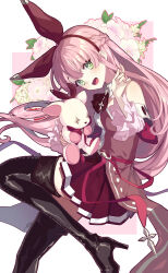 Rule 34 | 1girl, :d, arcaea, bare shoulders, black thighhighs, blush, boots, braid, brown hairband, buttons, choppy bangs, cross, cross-laced clothes, cross-laced legwear, cross necklace, detached sleeves, french braid, frilled sleeves, frills, from side, green eyes, hairband, hand up, head tilt, heart, heart background, high heel boots, high heels, highres, holding, holding stuffed toy, iron cross, ascot, jewelry, kou (arcaea), long bangs, long hair, looking at viewer, nail polish, necklace, niro (sikabanekurui), open mouth, pink hair, pink nails, pleated skirt, red ascot, red shirt, red skirt, red sleeves, shirt, skirt, smile, solo, stuffed animal, stuffed toy, teddy bear, thigh boots, thighhighs, very long hair, white background, zettai ryouiki