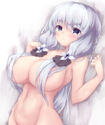 Rule 34 | 1girl, azur lane, blue eyes, breasts, commentary request, groin, hair censor, hair ornament, hair over breasts, highres, huge breasts, illustrious (azur lane), long hair, looking at viewer, navel, nude, out-of-frame censoring, silver hair, solo, yuuki shuri