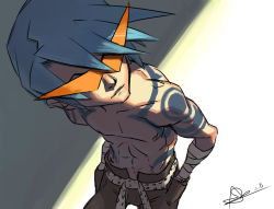Rule 34 | 00s, 1boy, abs, bandages, blue hair, bodypaint, from above, glasses, hands in pockets, kamina (ttgl), kamina shades, looking up, male focus, solo, sunglasses, tengen toppa gurren lagann, topless male, triangular eyewear