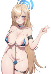 Rule 34 | 1girl, absurdres, areola slip, asuna (blue archive), bikini, blonde hair, blue archive, blue eyes, blush, breasts, cameltoe, cleft of venus, commentary, curvy, english commentary, halo, highres, large breasts, long hair, micro bikini, mole, mole on breast, navel, simple background, smile, solo, swimsuit, thick thighs, thigh strap, thighs, v, vodeferr, white background