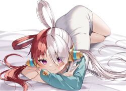 Rule 34 | 1girl, arm rest, bed sheet, behind-the-head headphones, blush, closed mouth, dress, eyes visible through hair, full body, hair over one eye, hair rings, head rest, headphones, highres, ia 1928, long hair, looking at viewer, low twintails, lying, multicolored hair, on stomach, one piece, one piece film: red, purple eyes, red hair, short dress, single sleeve, solo, split-color hair, thighs, twintails, uta (one piece), v, very long hair, white dress, white hair