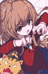 Rule 34 | 1girl, aisaka taiga, black ribbon, blazer, blue skirt, brown eyes, brown hair, buttons, chromatic aberration, collared shirt, commentary, double-breasted, film grain, highres, jacket, long hair, long sleeves, looking at viewer, looking up, messy hair, neck ribbon, oohashi high school uniform, open mouth, palmtop tiger, red jacket, ribbon, school uniform, shirt, simple background, skirt, tachibanashiro17, tiger, toradora!, white background, white shirt