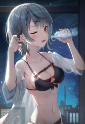 Rule 34 | 1girl, absurdres, alternate costume, bikini, blush, bottle, breasts, cleavage, grey hair, hair ornament, highres, holding, holding bottle, hololive, looking at viewer, medium breasts, multicolored hair, nail polish, navel, red eyes, red nails, sakamata chloe, see-through, shirokuma (zeroillya), shirt, short hair, solo, stomach, swimsuit, two-tone hair, virtual youtuber, water bottle, white shirt, x hair ornament, zeroillya