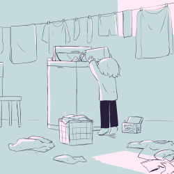 Rule 34 | 1boy, absurdres, avogado6, blue theme, child, commentary request, from behind, hands up, highres, holding, laundry, laundry basket, long sleeves, monochrome, original, pants, shirt, solo, tiptoes, top-load washing machine, washing machine