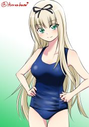 Rule 34 | 10s, 1girl, black bow, black ribbon, blonde hair, blue one-piece swimsuit, blue school swimsuit, blush, bow, collarbone, cowboy shot, eyes visible through hair, gradient background, green background, green eyes, hair ribbon, hands on own hips, kantai collection, kuro abamu, long hair, looking at viewer, old school swimsuit, one-piece swimsuit, ribbon, school swimsuit, signature, simple background, smile, solo, standing, swimsuit, yuudachi (kancolle)