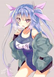 Rule 34 | 1girl, blue hair, blush, breasts, gradient background, green jacket, hair between eyes, hair ornament, hair ribbon, highres, hizaka, i-19 (kancolle), jacket, kantai collection, large breasts, long hair, looking at viewer, name tag, one-hour drawing challenge, one-piece swimsuit, open mouth, red eyes, ribbon, school swimsuit, solo, star-shaped pupils, star (symbol), swimsuit, swimsuit under clothes, symbol-shaped pupils, twintails, twitter username