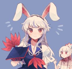 Rule 34 | 2girls, animal ears, blue background, blue dress, blue headwear, bow, commentary request, dress, fake animal ears, fujiwara no mokou, hair bow, hand up, hat, unworn hat, unworn headwear, holding, holding clothes, holding hat, itomugi-kun, kamishirasawa keine, long hair, looking at viewer, multiple girls, rabbit ears, red eyes, shirt, short sleeves, simple background, suspenders, touhou, upper body, white bow, white hair, white shirt