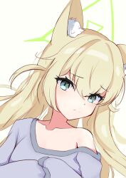 Rule 34 | 1girl, animal ears, blonde hair, blue archive, fox ears, green eyes, halo, highres, kurumi (blue archive), looking at viewer, ria (52266382), simple background, white background, white fur