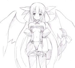Rule 34 | arc system works, blush, bow, breasts, choker, cleavage, dizzy (guilty gear), greyscale, guilty gear, hair ribbon, long hair, monochrome, navel, r-type nirvana, ribbon, simple background, sketch, solo, tail, thighhighs, white background, wings