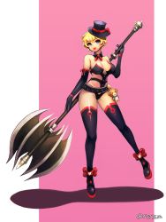 Rule 34 | 1girl, axe, bad id, bad pixiv id, bare shoulders, black footwear, black gloves, black hat, black panties, blonde hair, blue eyes, boots, breasts, cleavage, detached collar, dungeon and fighter, elbow gloves, female priest (dungeon and fighter), full body, gloves, hat, holding, holding weapon, huge weapon, inquisitor (dungeon and fighter), looking at viewer, medium breasts, neck ribbon, notte, open mouth, panties, revealing clothes, ribbon, short hair, solo, standing, stuffed animal, stuffed monkey, stuffed toy, thigh boots, thighhighs, top hat, underwear, weapon