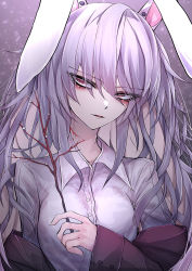 Rule 34 | 1girl, 33 gaff, animal ears, branch, breasts, eyes visible through hair, hair between eyes, hair over eyes, jacket, light particles, long hair, looking to the side, medium breasts, off shoulder, parted lips, purple eyes, purple hair, rabbit ears, reisen udongein inaba, shirt, simple background, solo, touhou, upper body, very long hair, white shirt