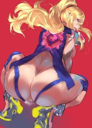 Rule 34 | 1girl, ass, back, bad id, bad twitter id, blonde hair, blue bodysuit, bodysuit, breasts, cafekun, functionally nude, heart, heart-shaped pupils, high heels, high ponytail, highres, huge ass, large breasts, licking, licking finger, long hair, looking at viewer, looking back, metroid, nintendo, ponytail, pussy, red background, samus aran, sideboob, sidelocks, solo, squatting, steam, super smash bros., symbol-shaped pupils, thick thighs, thighs, tongue, tongue out, uncensored, wide hips, zero suit