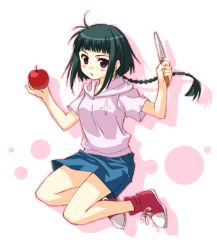 Rule 34 | 00s, 1girl, apple, black hair, blush, braid, breasts, casual, denim, denim skirt, floating hair, food, from side, fruit, full body, holding, holding food, holding fruit, hood, hoodie, jumping, knife, long hair, looking at viewer, miniskirt, my-hime, okuzaki akira, parted lips, purple eyes, sato-pon, shadow, shoes, short sleeves, sidelocks, simple background, single braid, skirt, small breasts, sneakers, solo, white background