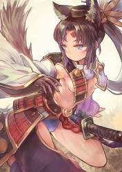 Rule 34 | 1girl, animal ears, armor, asymmetrical sleeves, black hair, blue eyes, blush, breasts, commentary request, detached sleeves, fate/grand order, fate (series), gloves, hat, highres, japanese armor, kusazuri, long hair, looking to the side, medium breasts, mismatched sleeves, pom pom (clothes), revealing clothes, side ponytail, sideboob, solo, soraao (aokabi), sword, ushiwakamaru (fate), weapon, wide sleeves
