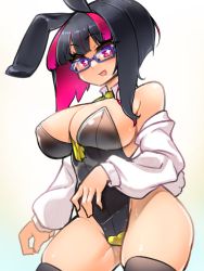 Rule 34 | 1girl, absurdres, animal ears, areola slip, bare shoulders, between breasts, black hair, black thighhighs, breasts, cleavage, commentary request, dyed hair, eyelashes, fake animal ears, fake tail, female focus, glasses, happy, highres, large breasts, leotard, necktie, open mouth, pink hair, playboy bunny, purple eyes, rabbit ears, rabbit tail, rignetta, rignetta&#039;s adventure, rijiato, self-portrait, self insert, short hair, sideboob, solo, star-shaped pupils, star (symbol), super mican, symbol-shaped pupils, tail, thick outlines, thick thighs, thighhighs, thighs, unusual pupils, white background