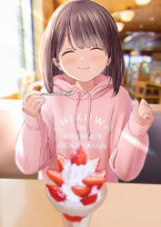Rule 34 | 1girl, ^ ^, blurry, blurry background, blush, brown hair, chikuwa (odennabe), closed eyes, closed mouth, clothes writing, commentary request, cream, eating, closed eyes, food, fruit, hair ornament, highres, holding, holding spoon, indoors, jacket, long sleeves, original, pink jacket, pov across table, short hair, sitting, solo, spoon, strawberry, x hair ornament