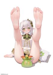Rule 34 | 1girl, barefoot, black panties, cross-shaped pupils, dress, feet, feet up, foot focus, genshin impact, gradient hair, green eyes, green hair, hair ornament, highres, leaf hair ornament, looking at viewer, making-of available, medium hair, miaopa2s, multicolored hair, nahida (genshin impact), panties, pointy ears, presenting foot, side ponytail, solo, symbol-shaped pupils, toes, underwear, white dress, white hair