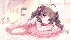 Rule 34 | 1girl, ahoge, bed sheet, bow, brown hair, closed mouth, commission, curtains, day, frilled pillow, frills, hair bow, heart, heart ahoge, highres, indoors, long sleeves, looking at viewer, lying, mechuragi, on side, original, pillow, pink bow, plant, potted plant, puffy long sleeves, puffy sleeves, red eyes, signature, sleeves past wrists, smile, solo, stuffed animal, stuffed rabbit, stuffed toy, sunlight, twintails, window