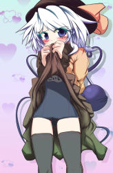 Rule 34 | 1girl, black thighhighs, blue eyes, blush, clothes lift, colored eyelashes, covering own mouth, dress, dress lift, female focus, gradient background, hat, head tilt, heart, komeiji koishi, looking at viewer, one-piece swimsuit, school swimsuit, short hair, silver hair, simple background, solo, standing, swimsuit, swimsuit under clothes, thighhighs, tony man+, touhou