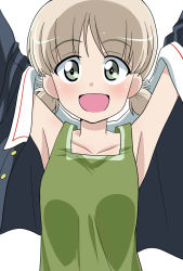 Rule 34 | 1girl, :d, aki (girls und panzer), alternate costume, armpits, arms up, blue jacket, commentary, girls und panzer, green eyes, green shirt, hair tie, highres, jacket, light brown hair, long sleeves, looking at viewer, low twintails, military, military uniform, off shoulder, ooarai military uniform, open clothes, open jacket, open mouth, shirt, short hair, short twintails, simple background, smile, solo, tank top, twintails, uniform, upper body, wakku kan, white background