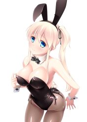 Rule 34 | 1girl, animal ears, black bow, black bowtie, black leotard, blue eyes, bow, bowtie, breasts, brown pantyhose, commentary request, contrapposto, cowboy shot, detached collar, fake animal ears, highres, large breasts, leaning forward, leotard, long hair, looking at viewer, mabinogi, nao (mabinogi), pantyhose, playboy bunny, rabbit ears, rabbit girl, simple background, solo, standing, strapless, strapless leotard, twintails, umitsubame, white background, wrist cuffs