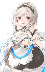 Rule 34 | 1girl, anchor choker, apron, azur lane, blush, breasts, choker, cleavage, collarbone, floating hair, frilled apron, frilled choker, frills, hair between eyes, hairband, highres, holding, holding hose, hose, kyuumura, lace-trimmed hairband, lace trim, large breasts, looking at viewer, maid apron, open mouth, puffy sleeves, red eyes, short hair, short sleeves, simple background, sirius (azur lane), smile, solo, waist apron, water, white apron, white background, white hair