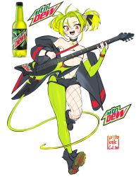Rule 34 | 1girl, absurdres, ankle boots, bandeau, black choker, black jacket, boots, breasts, choker, electric guitar, fingerless gloves, fishnets, gloves, green hair, green panties, green pantyhose, guitar, hair ornament, highleg, highleg panties, highres, instrument, jacket, jacket on shoulders, knifecat, mountain dew, open clothes, open jacket, original, panties, pantyhose, red eyes, sharp teeth, short hair, small breasts, soda bottle, teeth, underwear, white background, white bandeau