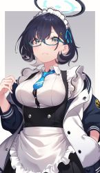 Rule 34 | 1girl, apron, blue archive, blue eyes, blue necktie, breasts, chihiro (blue archive), closed mouth, glasses, green eyes, halo, hand in pocket, highres, hikichi sakuya, jacket, large breasts, looking at viewer, maid, maid apron, maid headdress, necktie, off shoulder, open clothes, open jacket