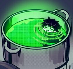 Rule 34 | 1boy, black hair, commentary, cooking pot, derivative work, dungeon meshi, english commentary, eyewear on head, glasses, limbus company, liquid, comic panel redraw, partially submerged, philosopheropposite, project moon, ripples, samjo (project moon), spiked hair, spoilers