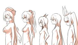 Rule 34 | 5girls, :o, angry, blush, breast conscious, breasts, bust chart, character request, chart, clam shell (ole tower), dosu (doseven), female focus, flat chest, from side, frown, hair ornament, hair ribbon, half updo, hand on own hip, hat, highres, horns, lineup, long hair, monochrome, multiple girls, nipako, nipples, nude, ole tower, open mouth, ponytail, ribbon, scales, shaded face, simple background, small breasts, smile, standing, twintails, upper body, white background