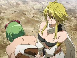 Rule 34 | 1boy, 1girl, akame ga kill!, blonde hair, breasts, green hair, highres, leone (akame ga kill!), long hair, lubbock, screencap, sitting, sitting on person, smile, stitched, third-party edit